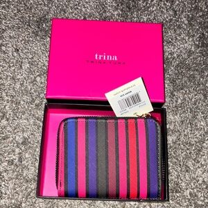 Trina Turk Vibrant Striped Wallet - Pink, Black, and Blue 5” X 5” New